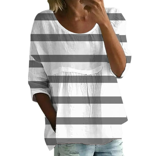 T-shirt à Manches 3/4 Col Rond à Fleurs, T-Shirt Imprimé Floral pour Femmes, T-Shirt à Manches Mi-Longues Col Rond, T-Shirt Ample Grande Taille Gris, P
