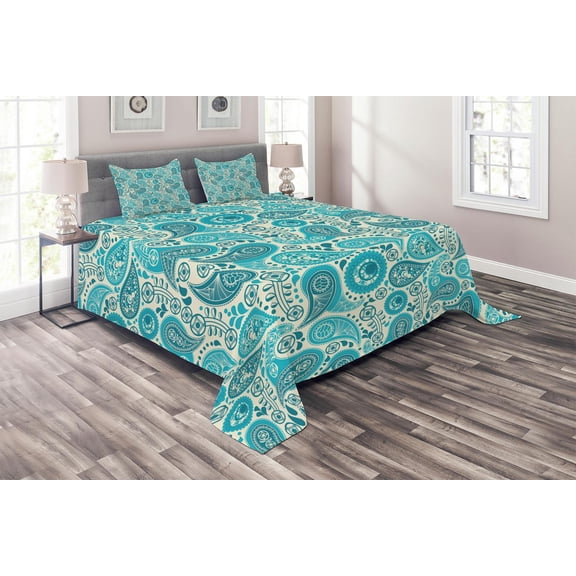 Ambesonne Antique Quilted Coverlet 3 Pcs, Paisley Blue Flowers, King Size, Aqua Teal