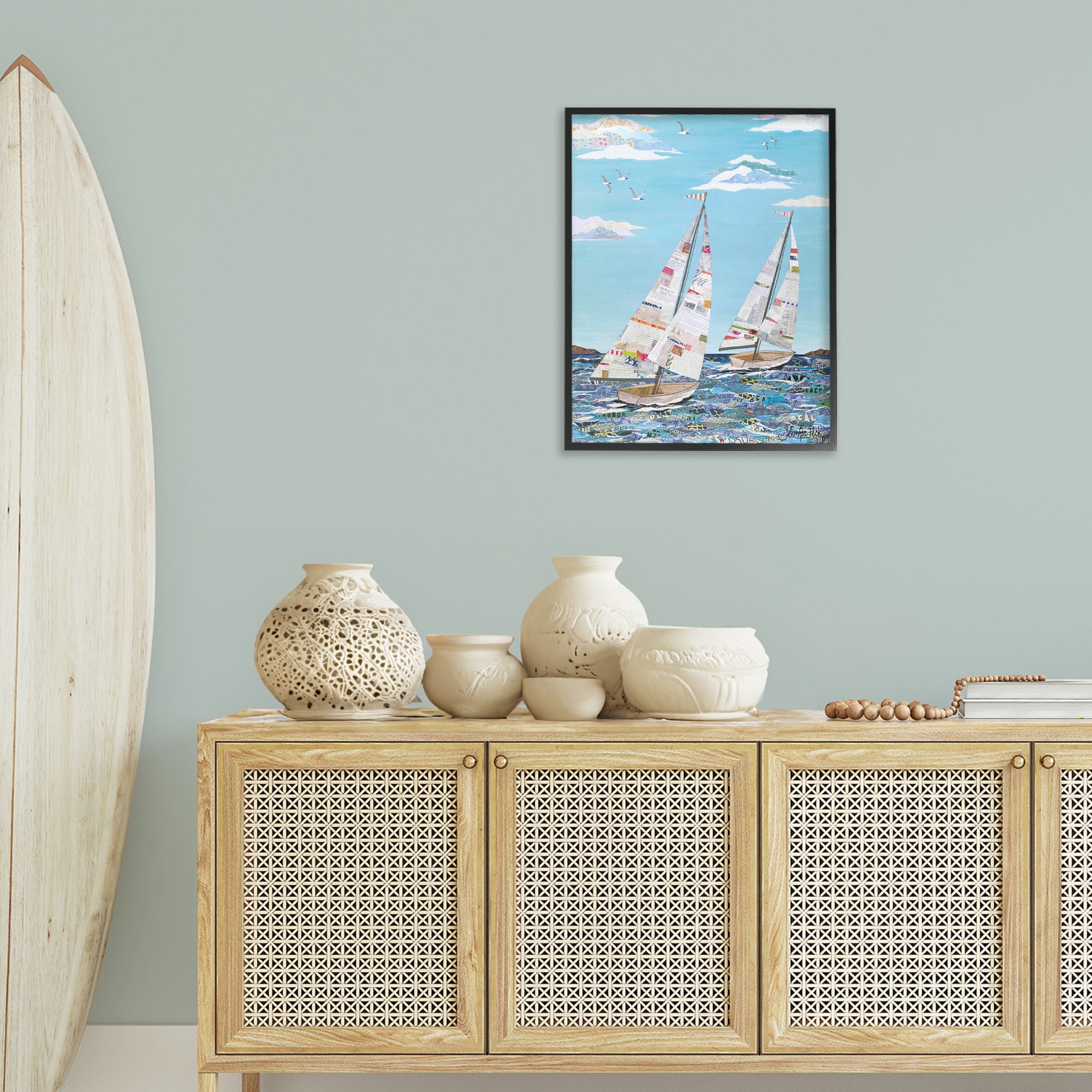 Stupell Industries Collaged Sailboat Pair Transportation Painting Black Framed Art Print Wall Art, 24 x 30