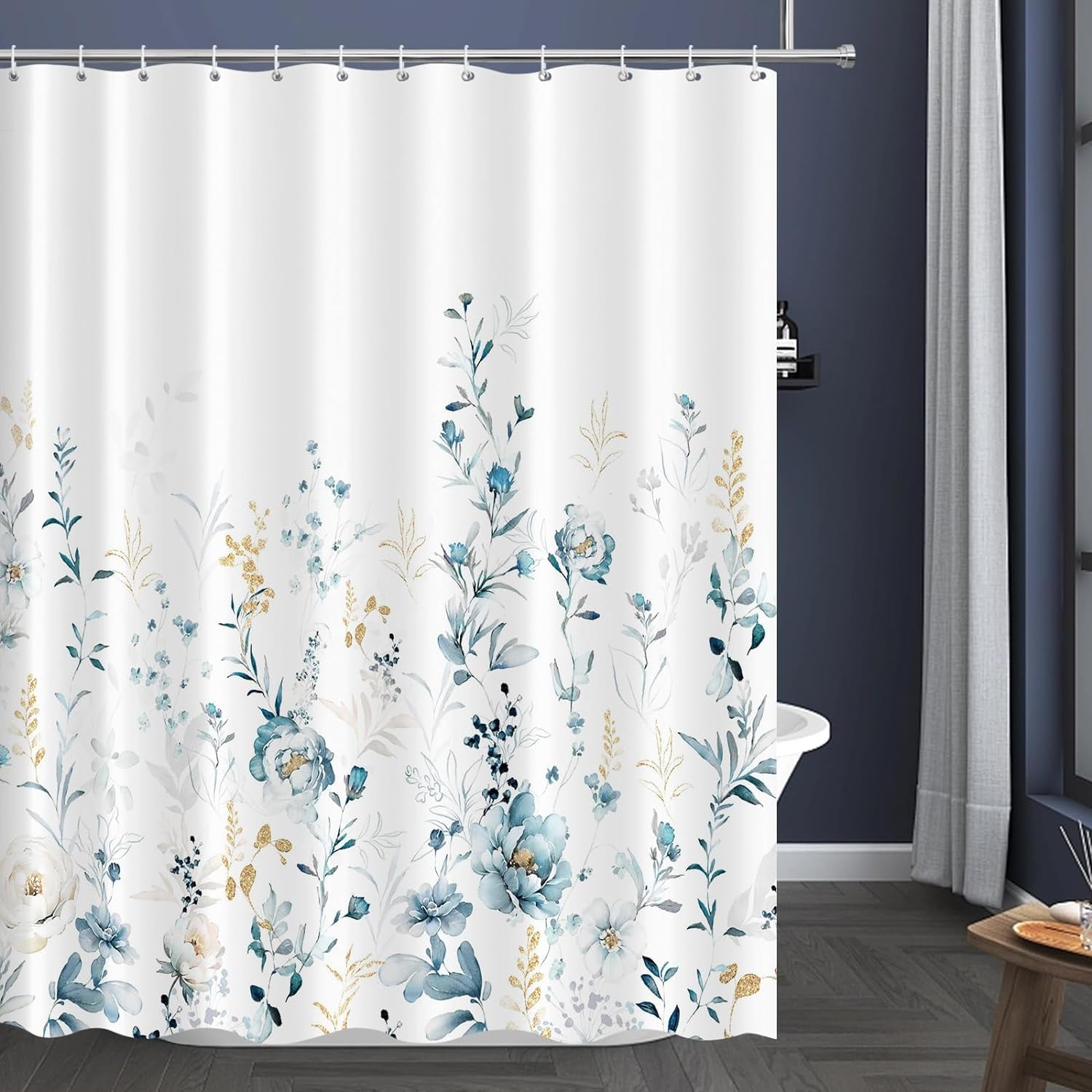 Aesthetic Blue Floral Shower Curtain, Watercolor Gold Leaves Plant Bathroom Decoration Shower Curtain Sets 71x71 Inch with Hooks