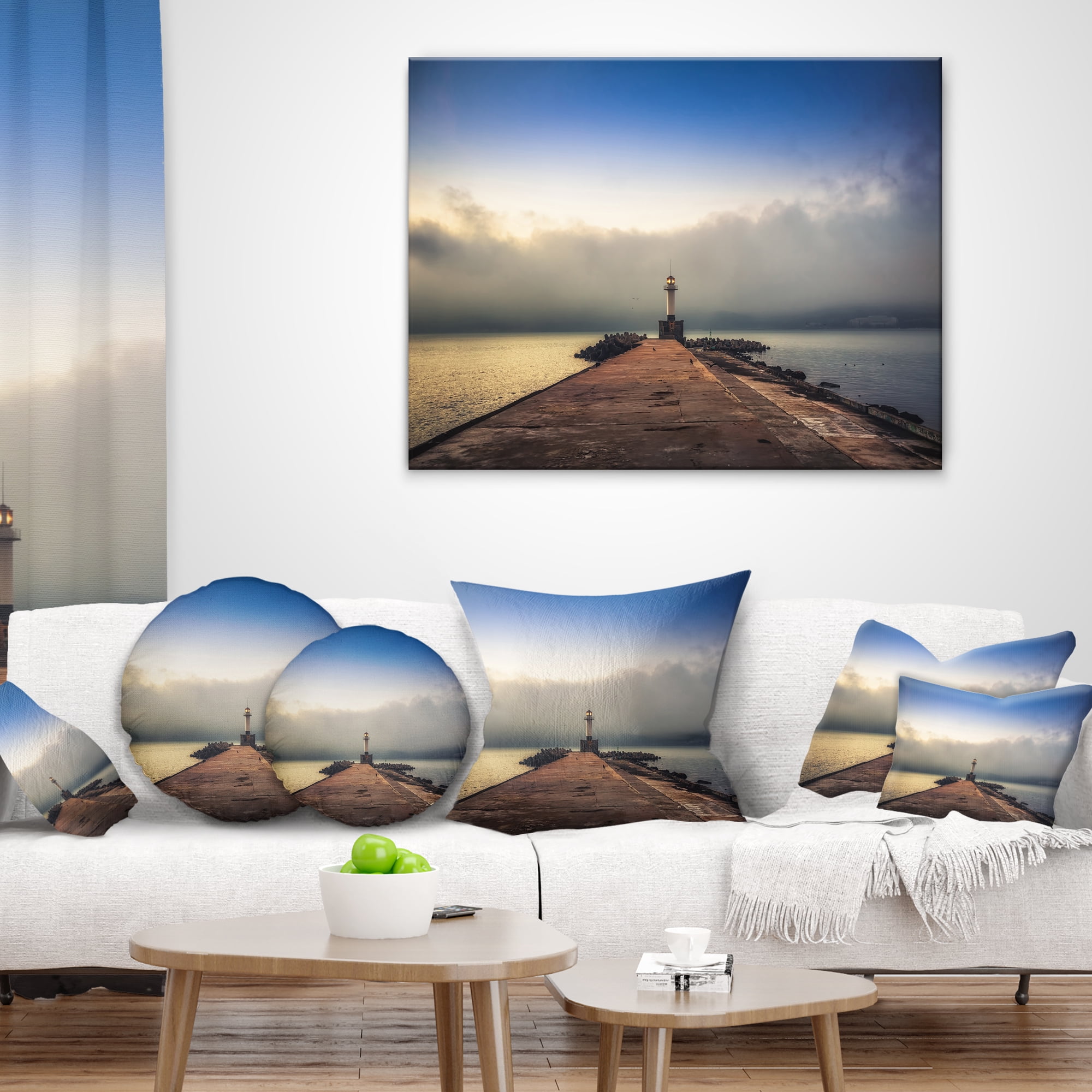 Designart Lighthouse on Coast and Cloudy Sky - Modern Throw Pillow - 16x16