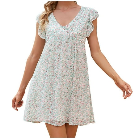 

Casual Fashion Women Dress Solid Color V-Neck Print Ruffle Short Sleeve Dress Classic Loose Pajama Short Skirt