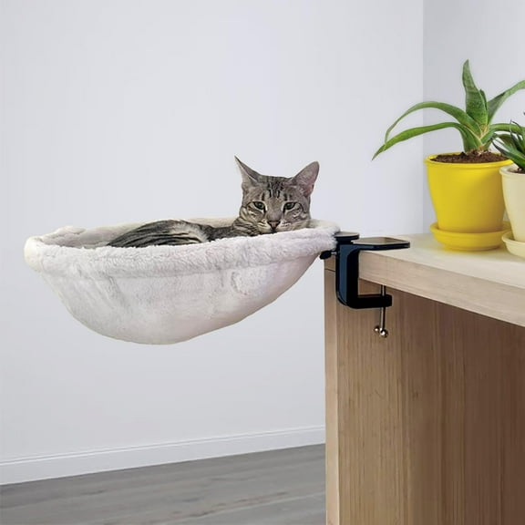 | Cat Desk Bed - Soft Faux Fur Fabric, Steel Frame - Adjustable, Cat Shelf Bed for Indoor Cats - Perfect Cat Hammock for Your Desk – Supports up to 50lbs - Unique and Modern cat Furniture