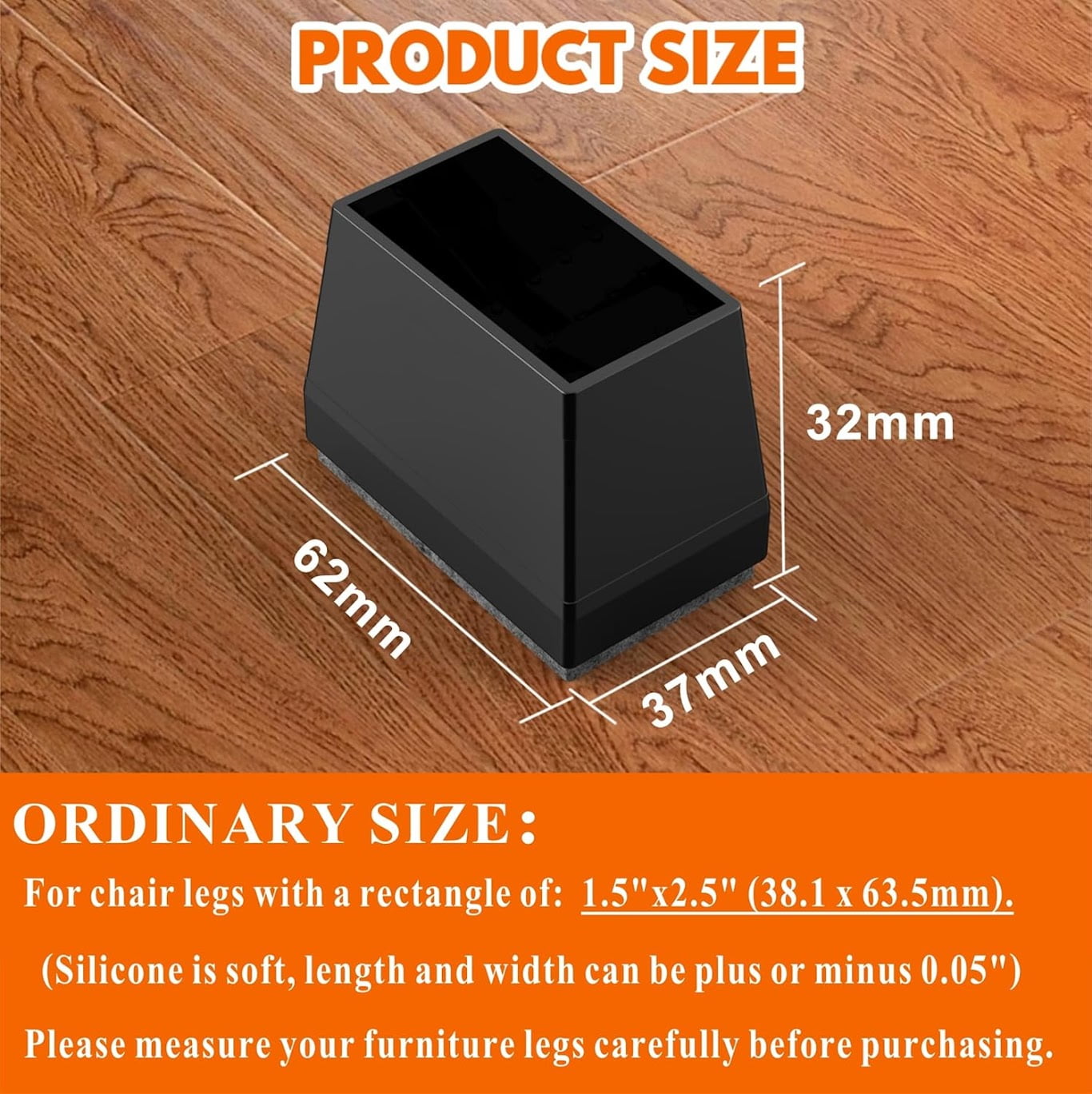 16 PCS Rectangular Silicone Chair Leg Protectors for Hardwood Floors, Black Furniture Leg Caps with Felt Pads, Protect Wood or Tile Floors, Reduce Noise, Easy to Move (1.5" x 2.5")
