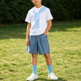 thumbnail image 6 of Daiosportswear Boys 4 Piece Summer Outfit Set, Crew Neck Tee Detachable Shawl Pocket Denim Shorts Knee High Socks for 3-16Y Sky Blue 13-14 Years, 6 of 9