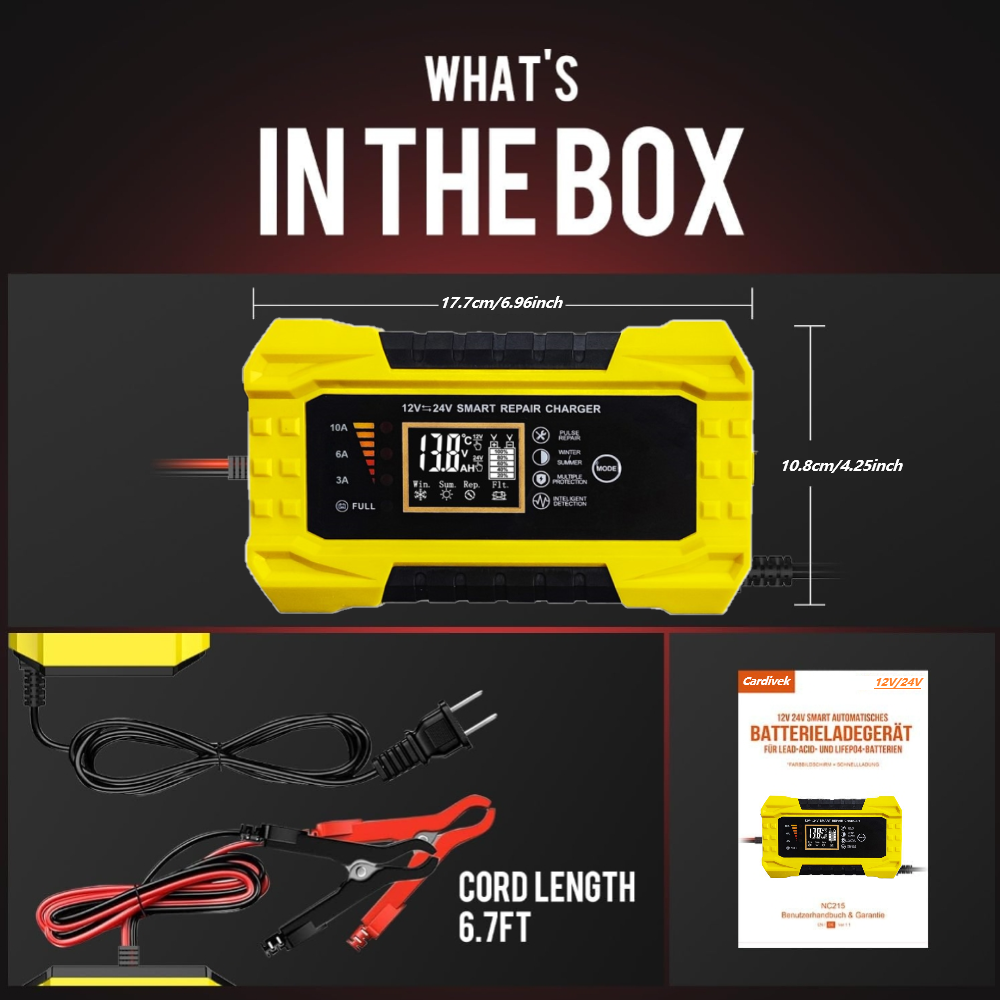 Cardivek 12V10A 24V5A Car And Motorcycle Battery Charger Color Screen Digital Display Lead-Acid Battery Start-Stop Repair Activation Charger Lithium Battery Universal