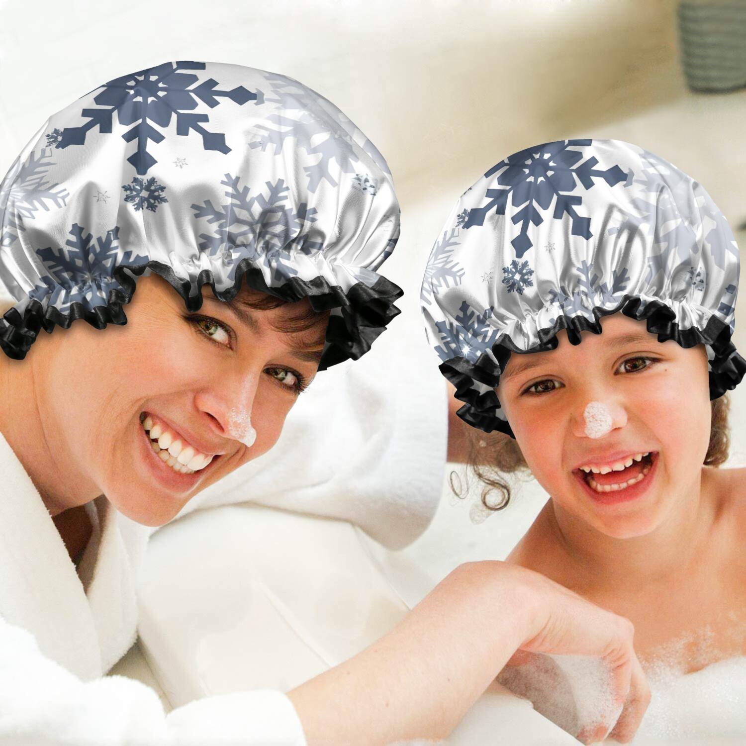 Shower Caps,Blue Christmas Snowflake Pattern Waterproof Shower Cap for Women 4 Pieces,Double Reusable Hair Cover for Shower PEVA Elastic Stretch Hem