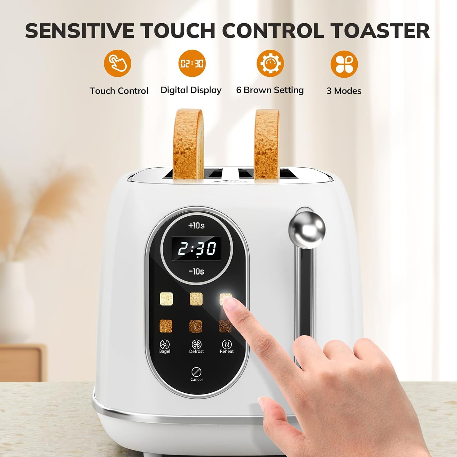 Smart Touch Screen Toaster 2 Slice, Retro Wide Slot Stainless Steel Toaster with 6 Browning Levels, Reheat & Defrost, for Bagel, Toast, Bread, Removable Crumb Tray, Black