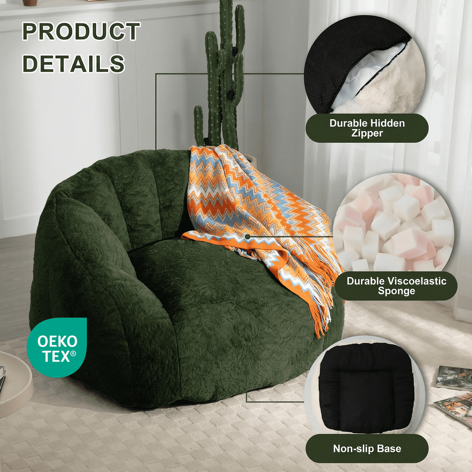 Ebenchico 3.9ft Bean Bag Chair for Adults Teens Kids, Shell Shape Faux Fur Beanbag Chairs, Memory Foam Filled Floor Chair for Reading, Gaming, Relaxing, Green