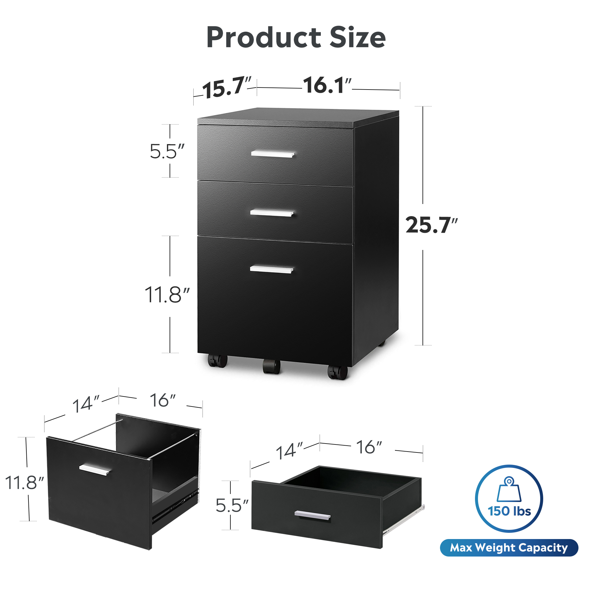 GALAXHERO 3-Drawer Wood Mobile Filing Cabinet, Rolling File Cabinet for Home Office, Fits Letter/A4 Size, Printer Stand, Black