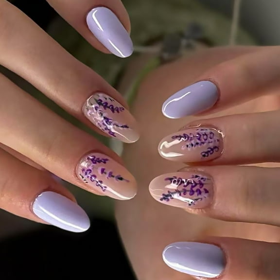 Glossy Oval Press On Nails 24Pcs Lavender Winter Floral Manicure Set Party Holiday Wear