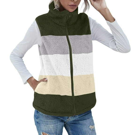 Oksale Fleece Vest for Women Fuzzy Color Block Zip Up Vest with Pockets Sleeveless Jackets Tank Jacket Soft Comfortable Coats Plus Size Winter Outwear Army Green XXXL