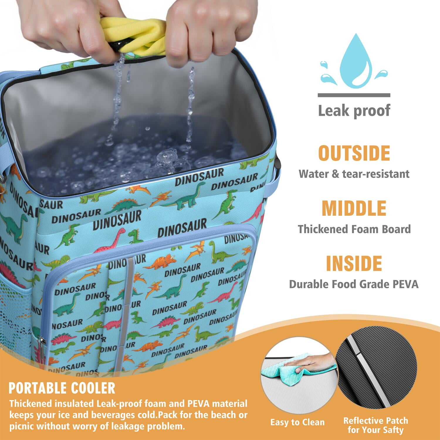 Travel Cooler Bag - Blue Cartoon Dinosaurs Repeating Pattern Camping Beer Cooler Backpack with Bottle Opener- Waterproof Insulated Picnic Backpacks - Cooler Bag for Beach