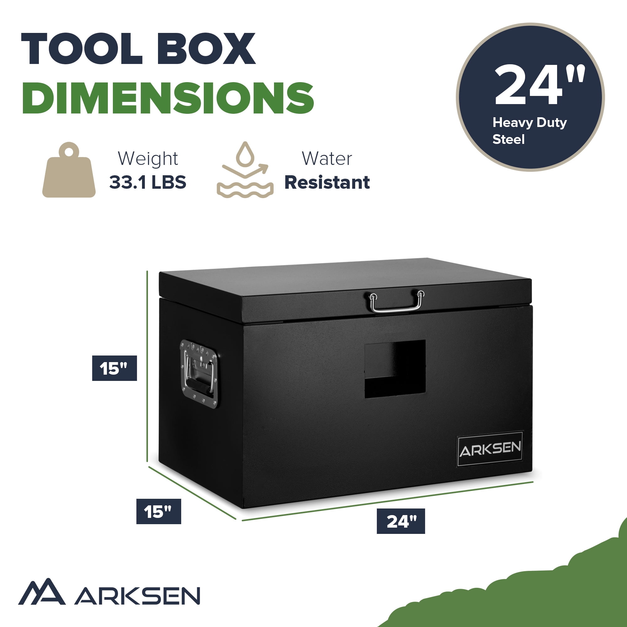 ARKSEN 24 x 15 x 15 Inch Steel Truck Bed Tool Box, Heavy Duty Weather-Resistant Utility Storage Chest for Pickup Trucks, Trailers & RVs, Black