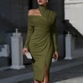 thumbnail image 4 of Dvprdro Womens Party Evening Midi Dress Asymmetric High Neck Long Sleeve Ruched Side Slit Fitted Solid, 4 of 5