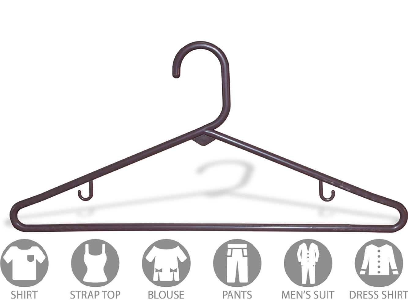 International Hanger, Brown Plastic Tubular Combo Hanger with Bar and Hooks for Straps on Tops, 72 Pack