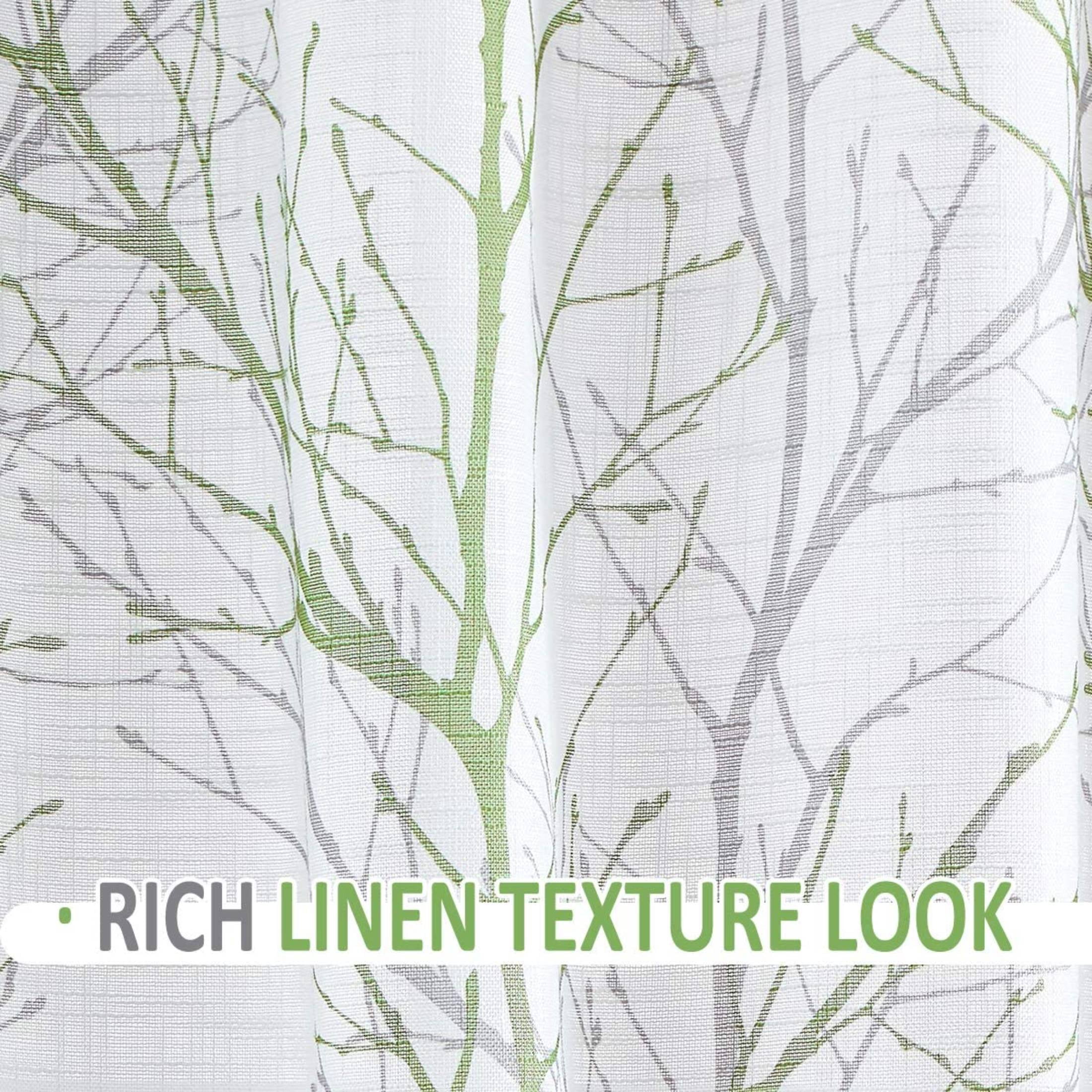Decoultimatex White Semi Sheer Curtains Green and Grey Branches Printing on Linen Textured White Window Treatment Panels for Living Room Bedroom Drapes, 50"x96"x2