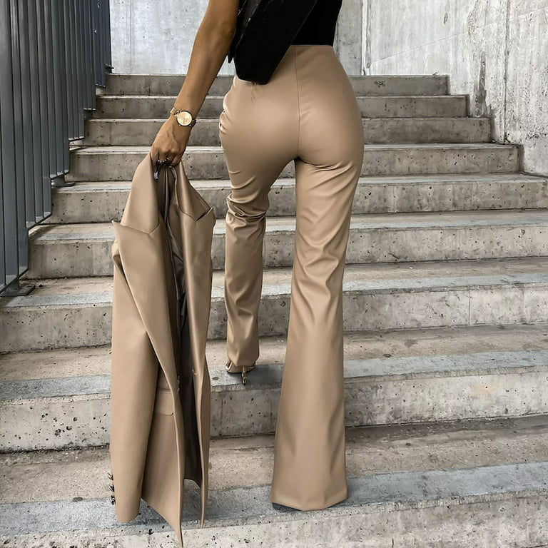 XFLWAM Women's Faux PU Leather High Waist Front Split Hem Flare Pants  Stretchy Bell Bottom Pants with Pockets Khaki S 