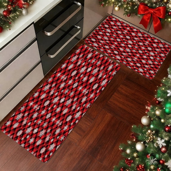 Red Black Buffalo Plaid Snowflake Kitchen Rugs Set of 2, Anti Slip Christmas Holiday Runner Mat for Kitchen Floor