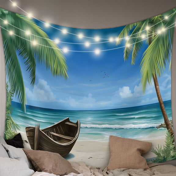 Ocean Beach Large Tapestry for Bedroom Wall Hanging Tapestry, Blue Coastal Palm Tree Nautical Sailboat Ceiling Backdrop Tapestries Poster Blanket Wall Decor for Teens Room Living Room Dorm 100" x 59"