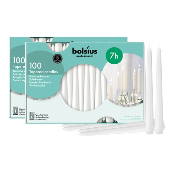 Bolsius White Taper Candles  Long10 Inch- 7 Hours Burn Time Unscented Smokeless 200 Pack