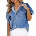 thumbnail image 2 of Women Shirts Women'S Short Sleeve Denim Shirt Straight Pocket Loose Top Puff Sleeves Top,Blue Women Shirts M, 2 of 9