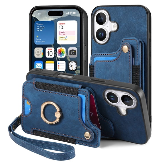 Mantto for iPhone 16 Plus Back Wallet Phone Case Support Magnetic Car Mount, Shockproof Vintage PU Leather Credit Card Pocket Portable Rotation Ring Kickstand Phone Case,Blue