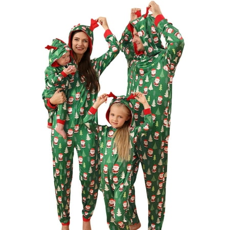 

Gwiyeopda Parent-child Christmas Printing Jumpsuit Long Sleeve Zip Up Hooded Pajamas Overalls Sets