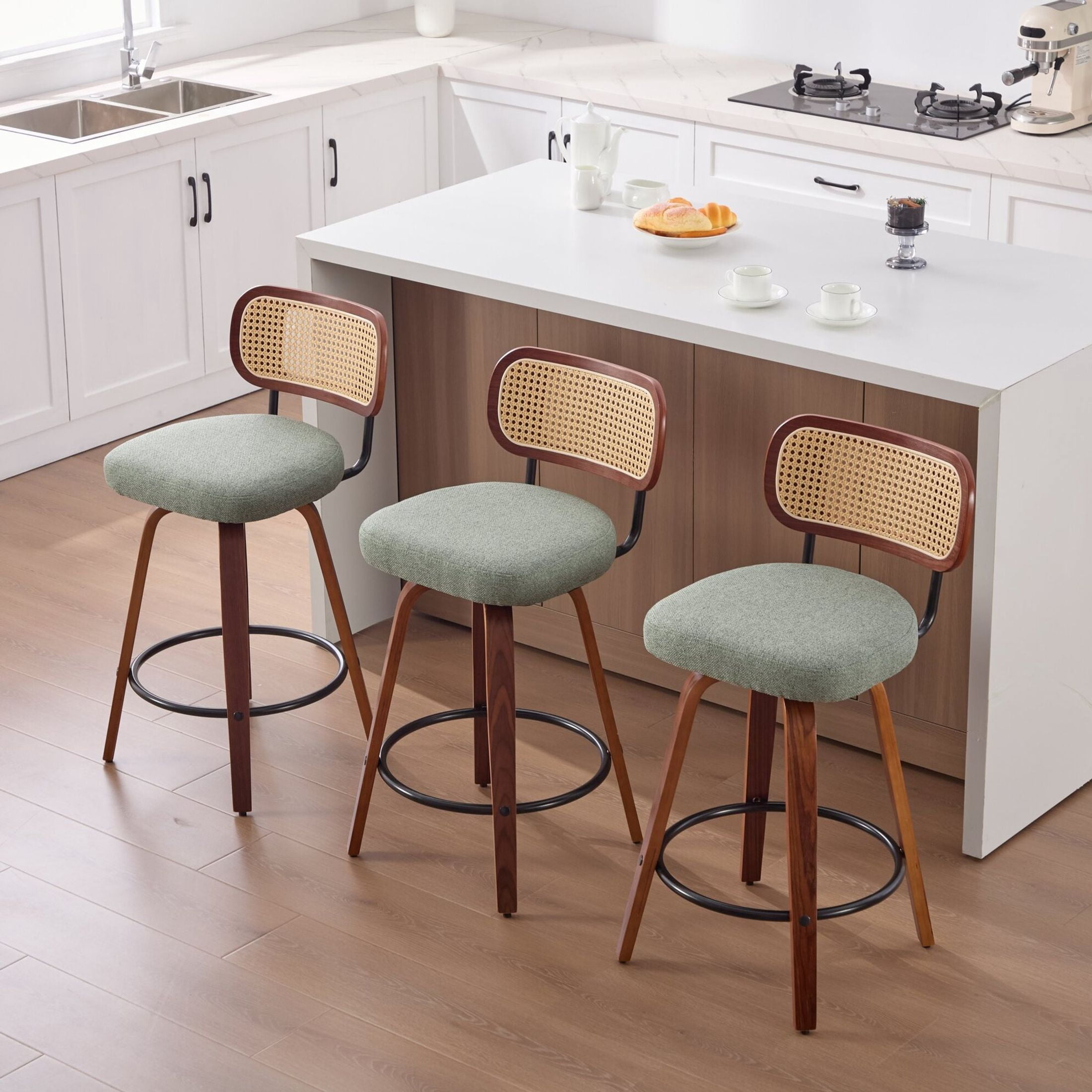 Noble House Set of 3 Counter Height Bar Stools, Cane Back, Linen Upholstered Seat, Walnut+Light Green
