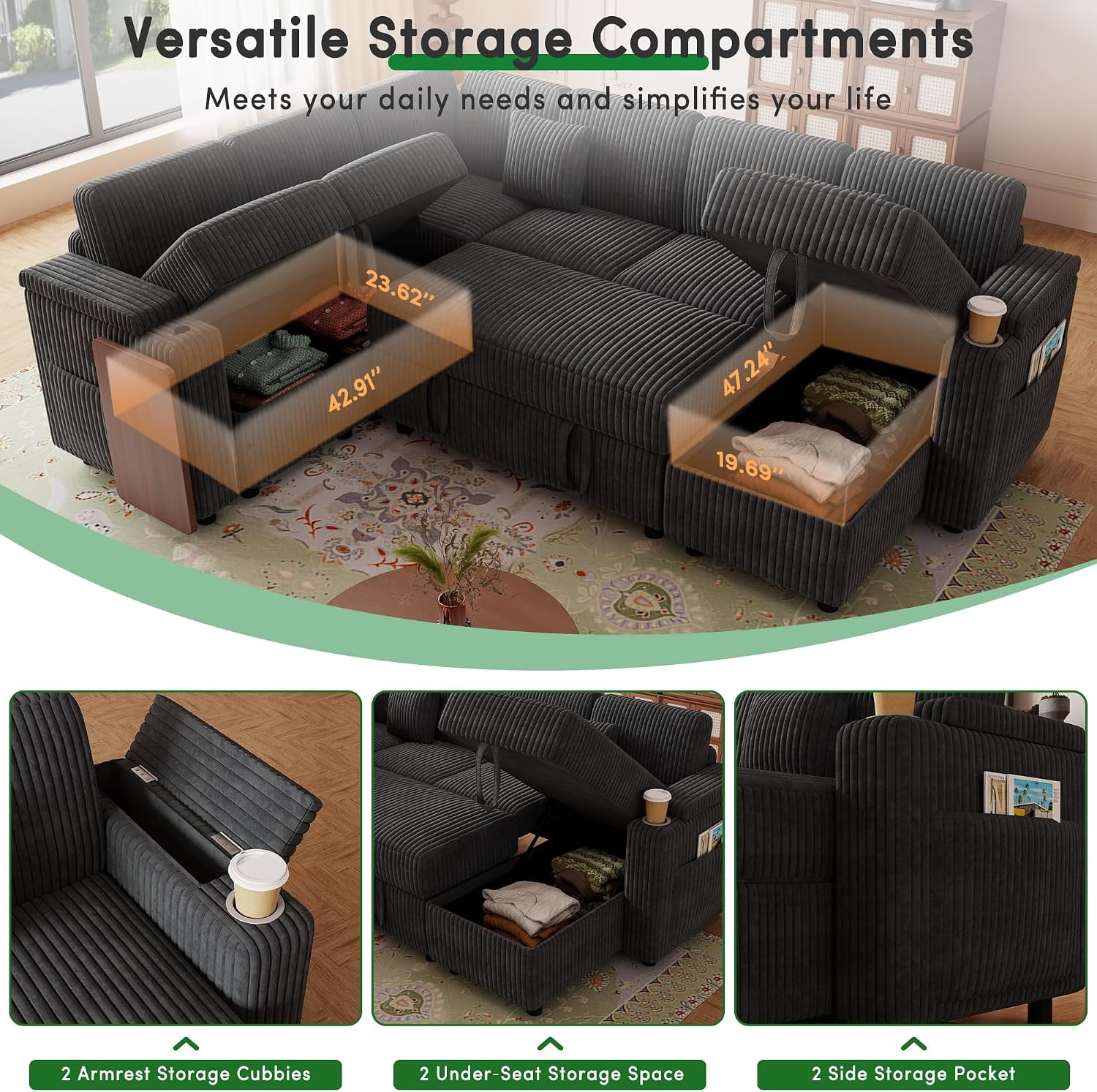ShiKeyi 100'' Pull-out Sofa With USB ports, Table Board and Cup Holder, Comfortable Soft Cushioned Corduroy Fabric Sofa Bed, Extra-large U-shaped Combination Storage sofa bed, Dark Gray