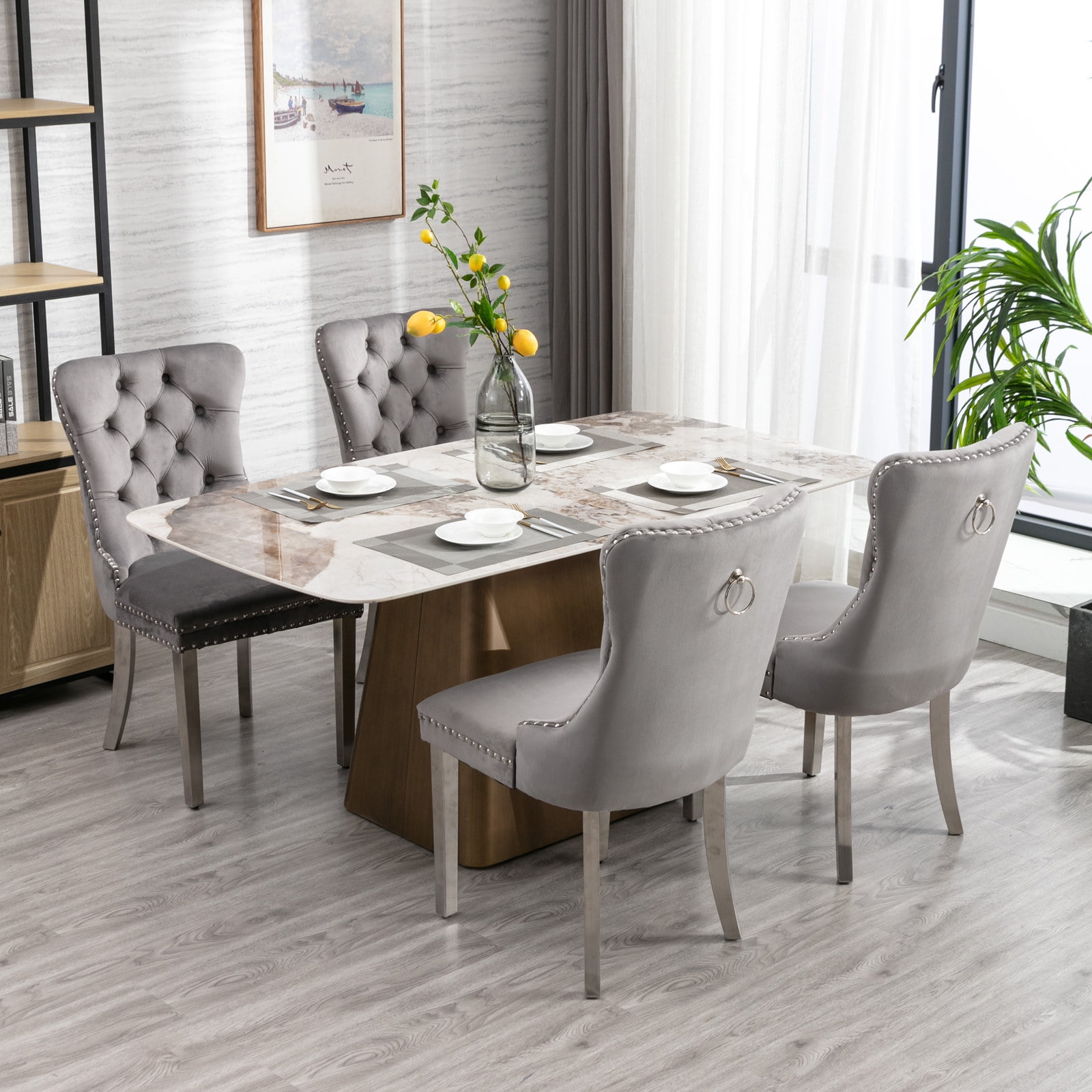Gewnee Set of 2 Modern Velvet Tufted Upholstered High End Dining Chairs with Metal Legs & Nailhead Trim for Dining Room Kitchen,Gray