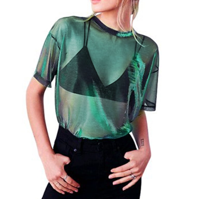 XIAOCHA Womens Blouses Sheer Iridescent Short Sleeve Crew Neck 