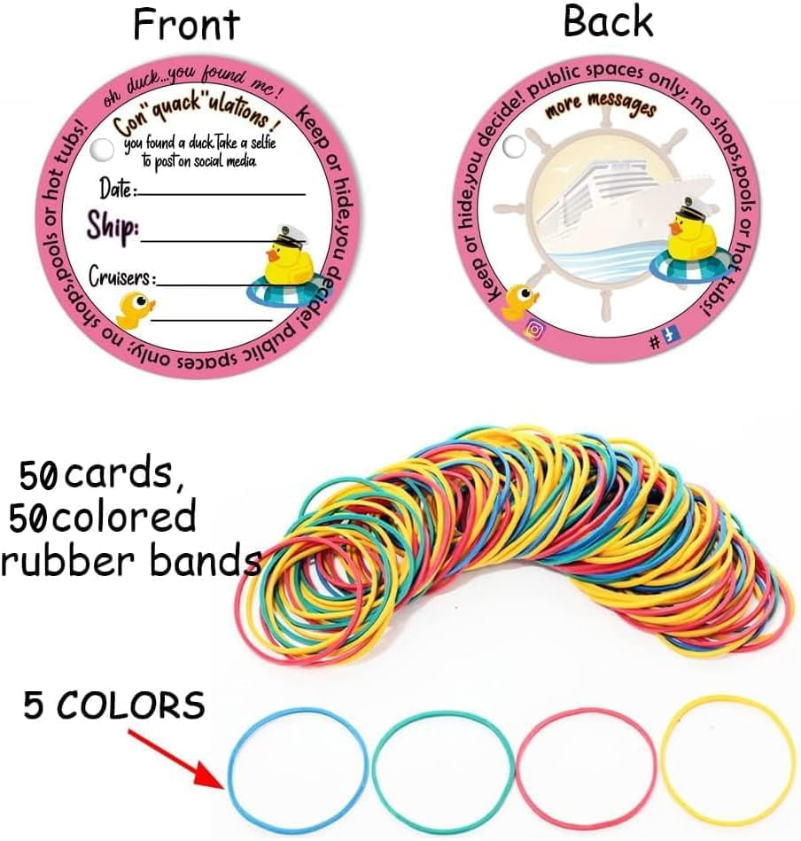 Duck Tags, Cruising Rubber Duck Ducking Game Cards, Cruise Tag, 2.5inches 50 Pack Circle Cruise Tag with Hole and 50 Rubber Bands(4 Color)