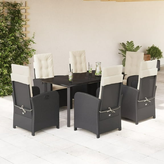 vidaXL 7 Piece Patio Dining Set with Cushions Black Poly Rattan