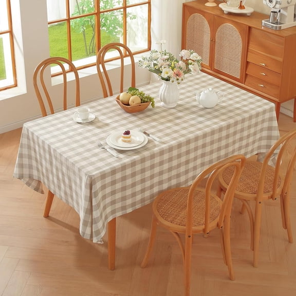 Checkered Tablecloth Rectangle Washable Buffalo Plaid Table Cloth Cotton Linen Gingham Table Cover for Picnic Kitchen Dining Room, Beige and White, 60 * 120