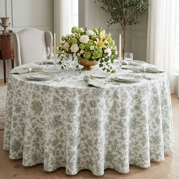 90in Round Sage Green Floral Farmhouse Tablecloth for Dining Room