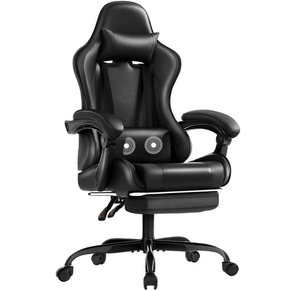 Homall PU Leather Gaming Chair with Footrest & Lumbar Support Carbon Fiber Massage Ergonomic Gamer Chair Height Adjustable Computer Chair with Footrest & Lumbar Support,Black
