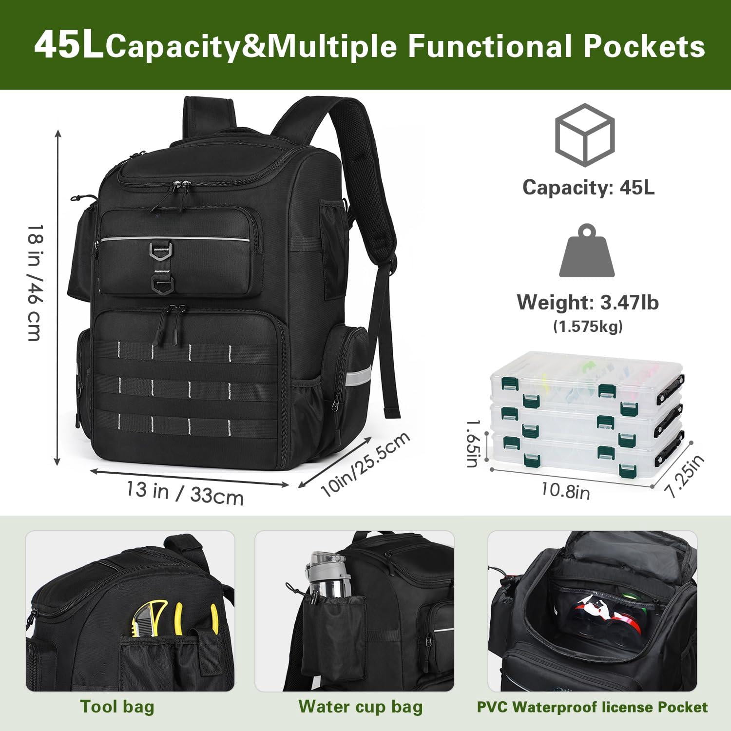 Large Fishing Backpack  Waterproof Bag With Rod Holders 45l Tackle Box Gear Gifts For Men