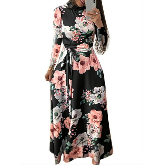 Large size ladies' dress with floral pattern, round neck, short sleeves, slanted pockets, and elegant design