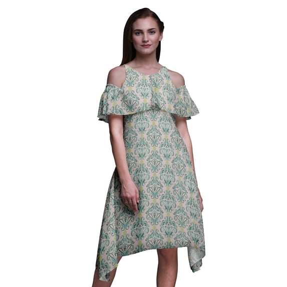 Bimba Damask Print Cold Shoulder Women Swing Tunic Flutter Sleeve Midi Dress-Medium