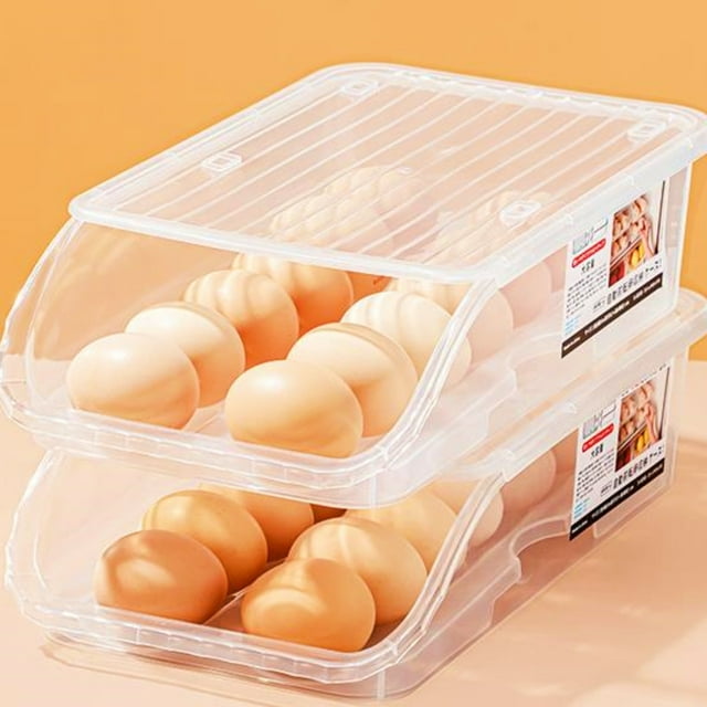 Vrorvz Auto Rolling Egg Holder for Refrigerator with 2 Layer Stacked Tray Design Clear Plastic Dispenser Fridge Storage Container with Removable Lid for Kitchen and Restaurant Use