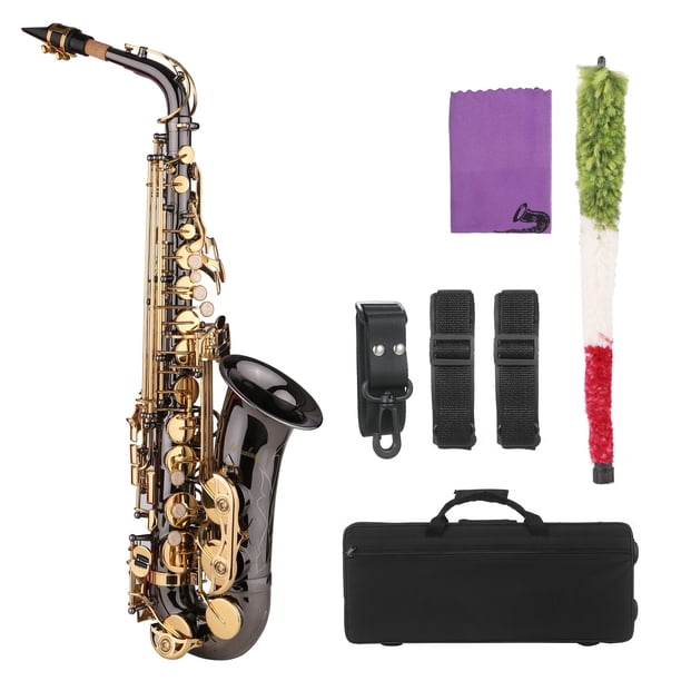 Saxofón Alto Muslady en Latón Dorado con Recubrimiento de Níquel Negro, Grabado Detallado, Teclas de Mica, Incluye Estuche Portátil, Paño de Limpieza, Cepillo y Correa para Saxofón, Ideal para