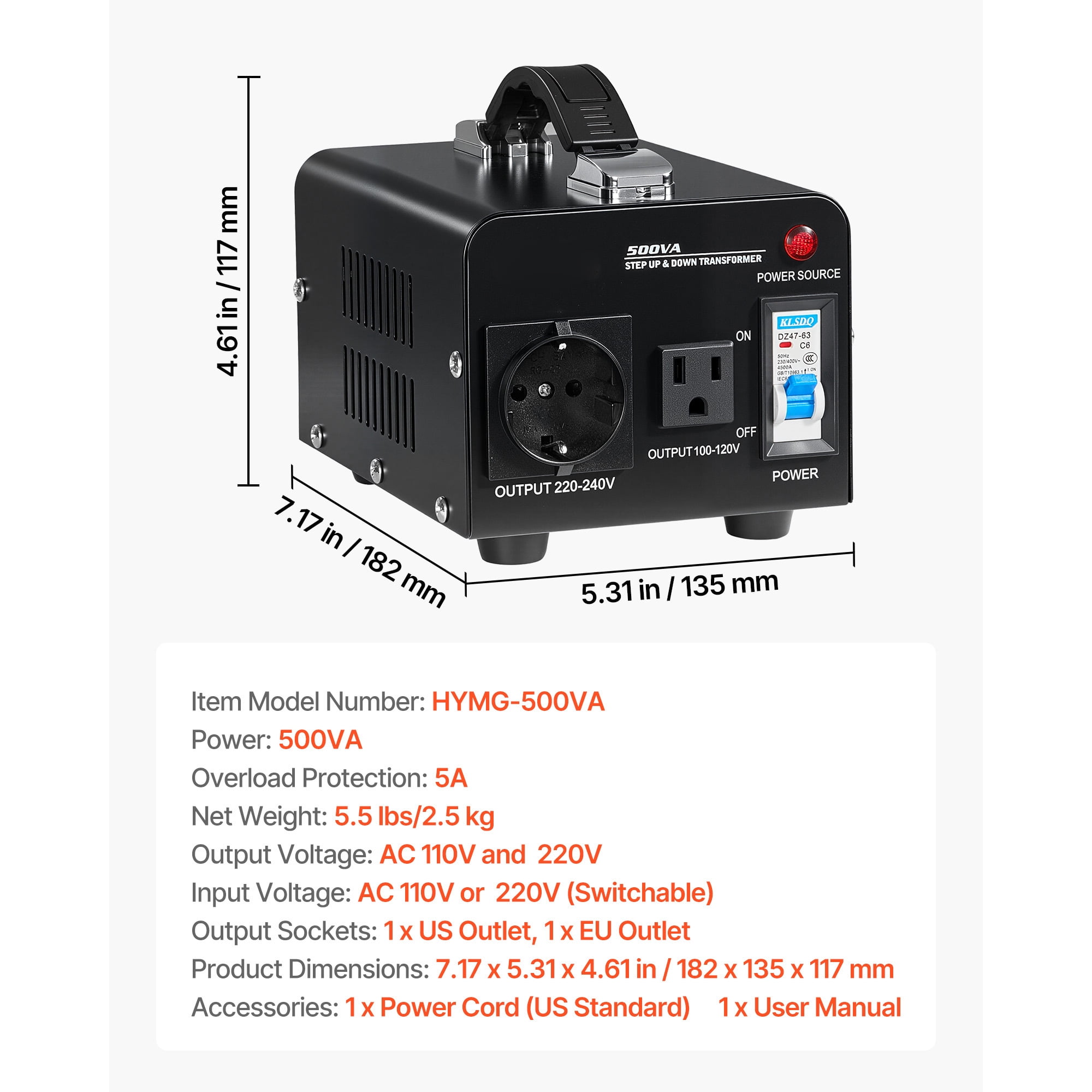 KFFKFF Voltage Converter Transformer, 500VA, Durable Step Up/Down Power Transformer, Switch Between 110V and 220V, Includes US and EU Outlets, Power Cord, and Circuit Breaker Protection