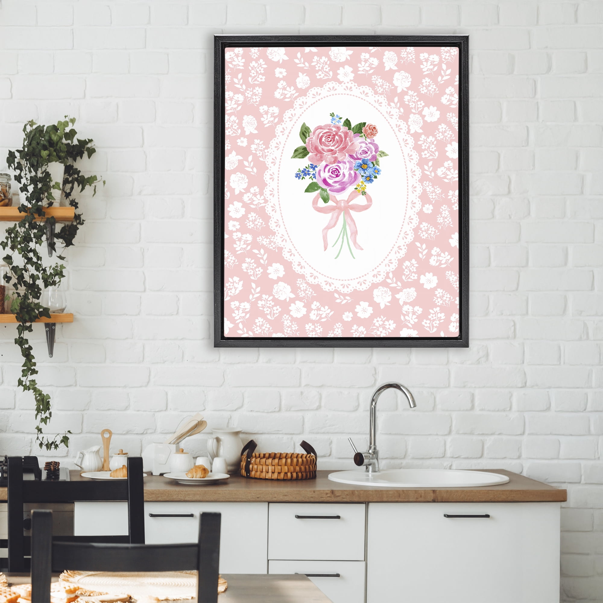 Stupell Industries Peach Feminine Bouquet Black Framed Floater Canvas Wall Art, design by Corinne Haig