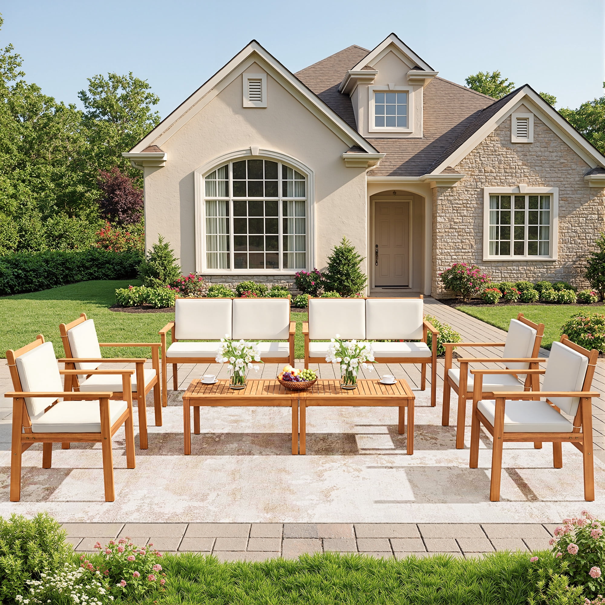 Lacoo 8 Pieces Acacia Wood Patio Conversation Set, Outdoor Furniture Set with Comfy Cushions, Beige