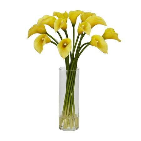Nearly Natural Mini Calla Lily Silk Flower Arrangement  Yellow Nearly Natural Mini Calla Lily Silk Flower Arrangement The Calla Lily is a centuries old favorite that hails from African origin. The simple yet elegant  bulbs are bright and colorful  with large leaves and a thick stem. The Calla Lily is truly a classic beauty  with an understated radiance. Whether it s for a dining room or a study  Calla Lilies will enhance the decor without dominating it. Comes complete with a beautiful vase with faux water. Height: 20   Width: 15   Depth: 15 . Category: Silk Arrangement. Vase Size: W: 3.25 in  H: 10.5 in Available Color Variations: Cream  Pink  Yellow Brand: Nearly Natural Model Number: 1368-1187Shipping Details
