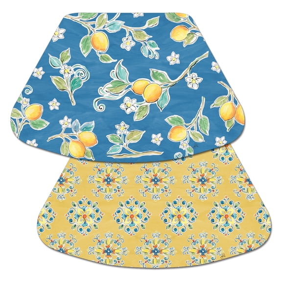 Wipe-Clean Reversible Wedge Shaped Placemats, Lemons on Blue, Set of 2, Made in The USA