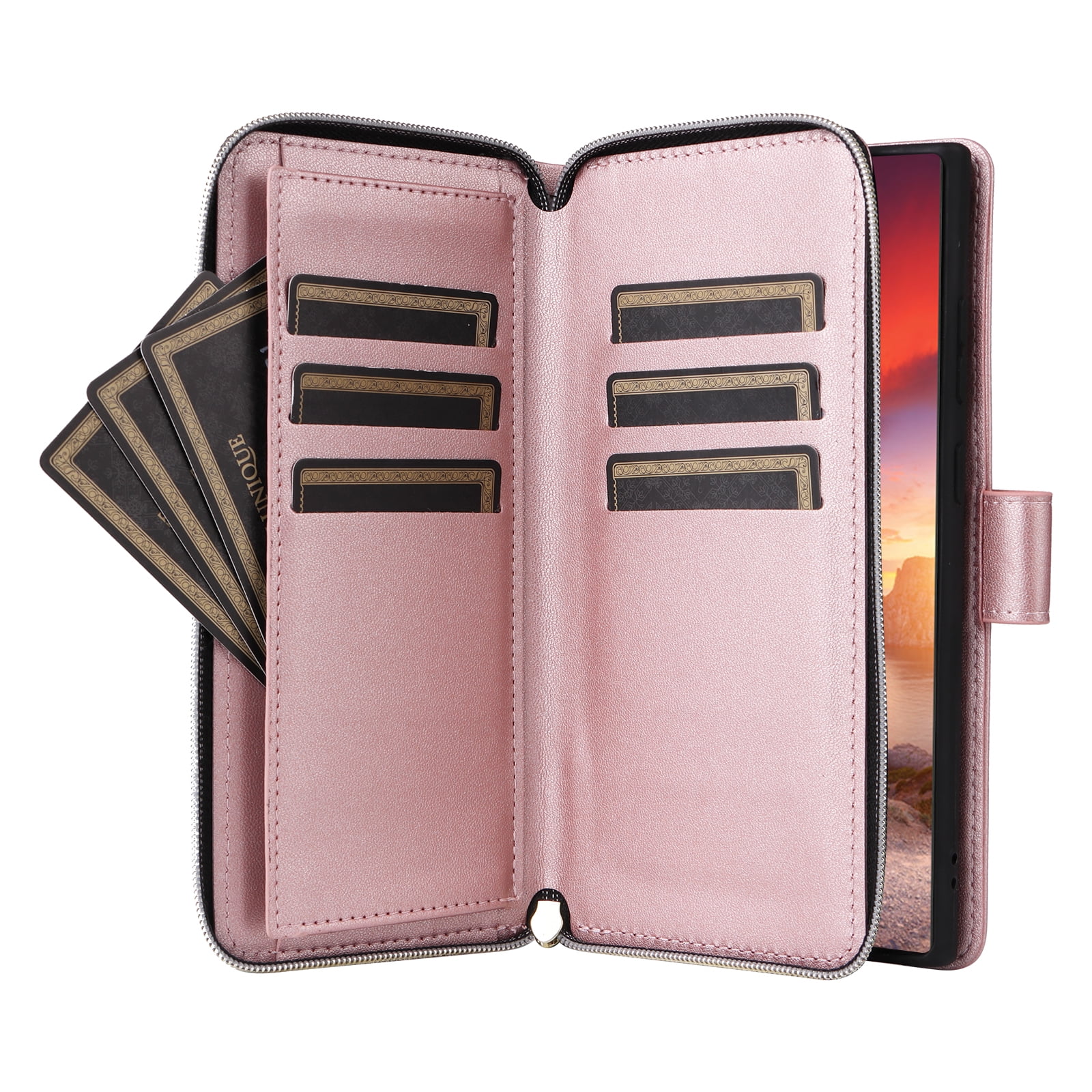 for Samsung Galaxy S24 Ultra Wallet Case, Multi-Functional Zipper Purse Case, with Flip Stand Card Holder PU Leather Phone Cover with Lanyard & Wrist Strap for Samsung Galaxy S24 Ultra, Rosegold
