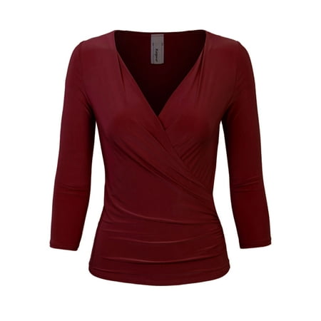 Side Ruched Cap Sleeve Top - KOGMO Womens 3/4 Sleeve Side Wrap Ruched Shirred Slim Fit V-neck Top Shirts