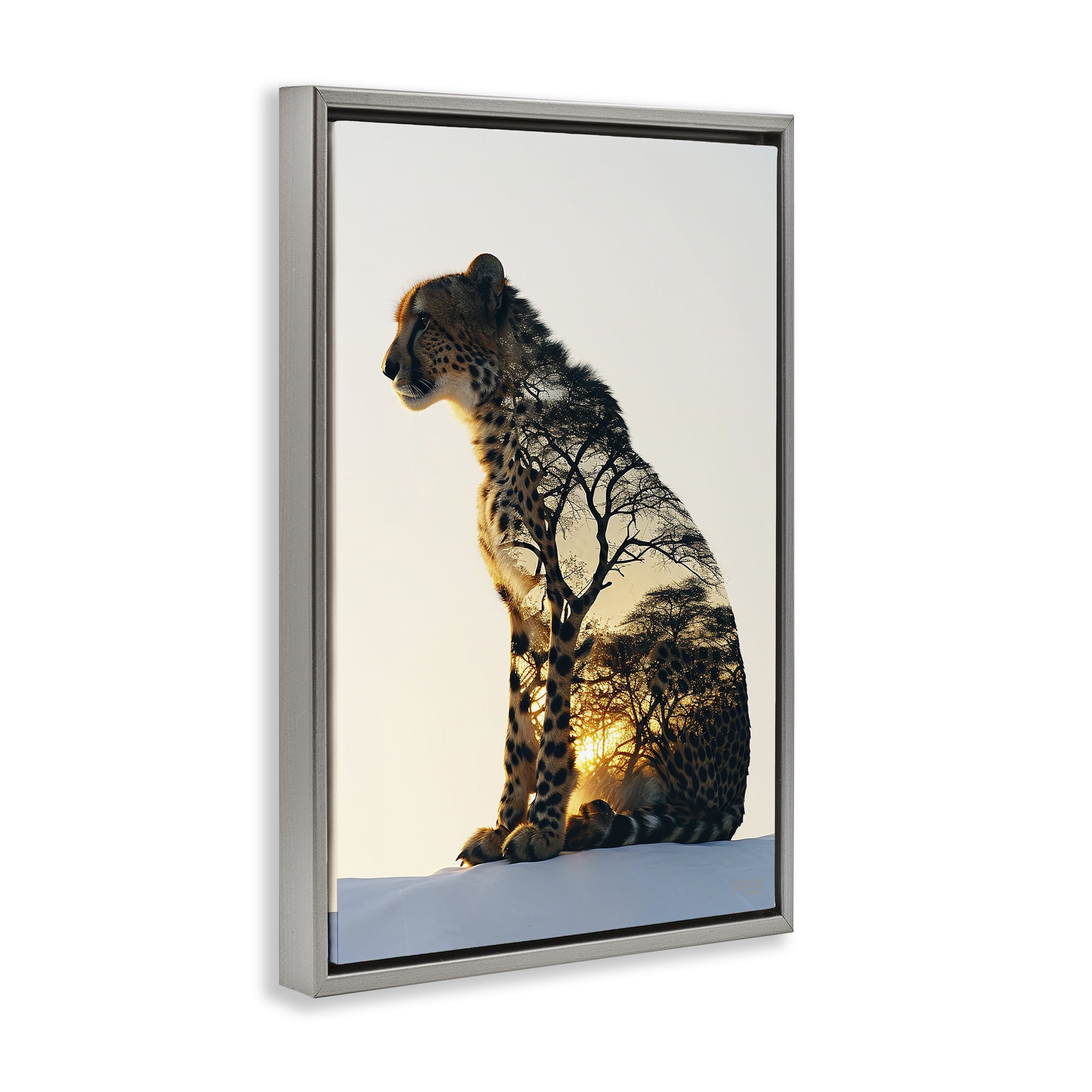 Stupell Industries Leopard with Silhouette Animals & Insects Painting Gray Floater Framed Canvas Art Print Wall Art, 21 x 31